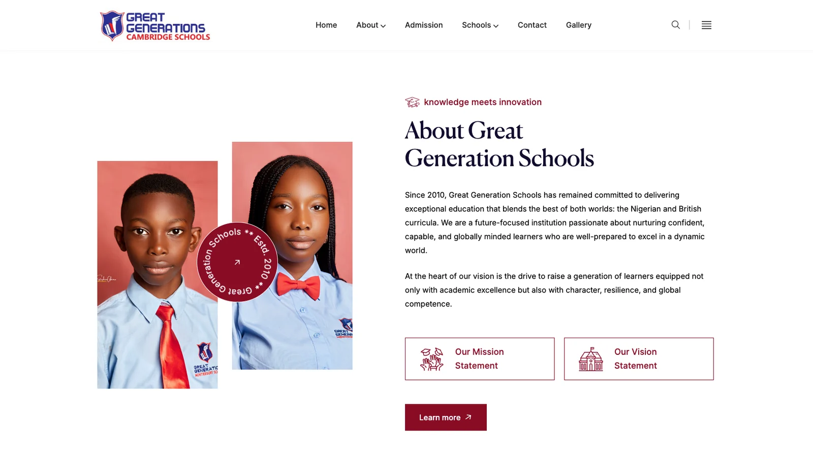 Great Generation Schools about section featuring student portraits, the school introduction, and mission and vision links