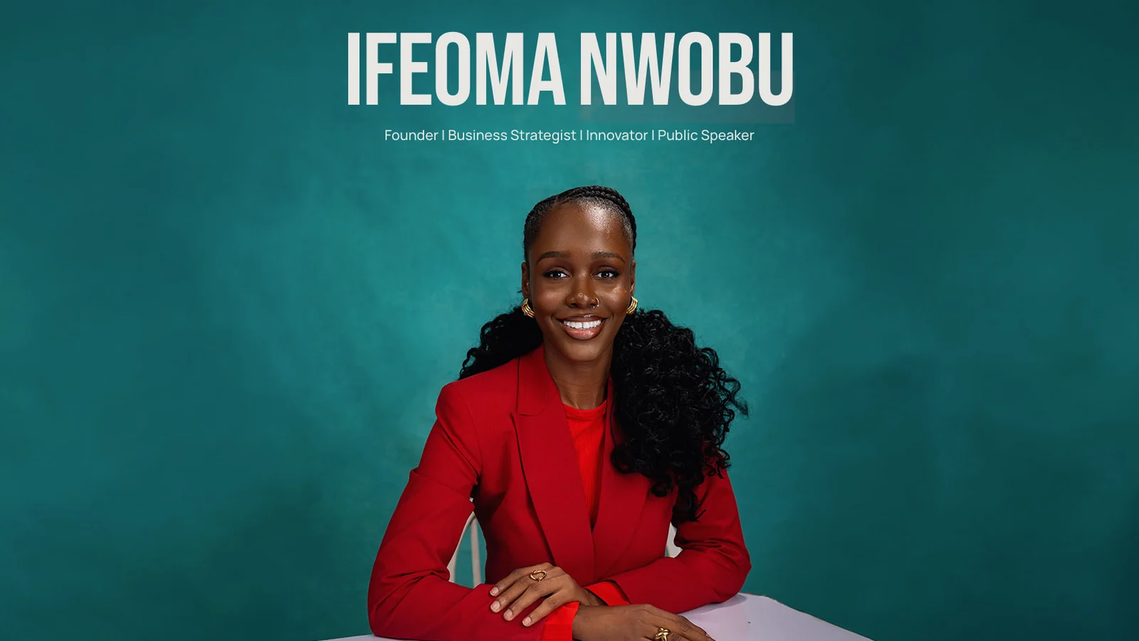Ifeoma Nwobu entrepreneur page featuring her name, professional roles, and a portrait in a red suit against a teal background