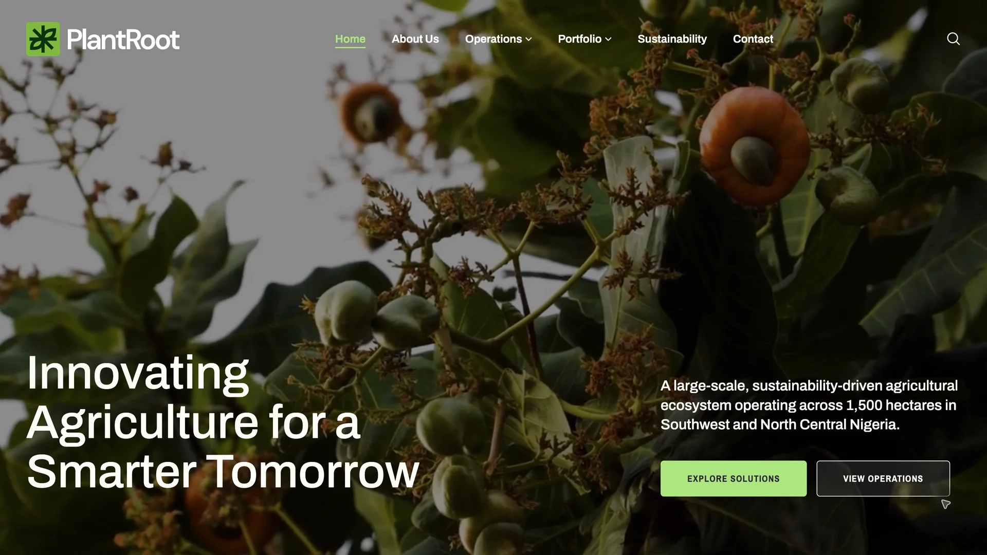 Plantroot Group homepage with agricultural imagery, navigation, and the headline Innovating Agriculture for a Smarter Tomorrow