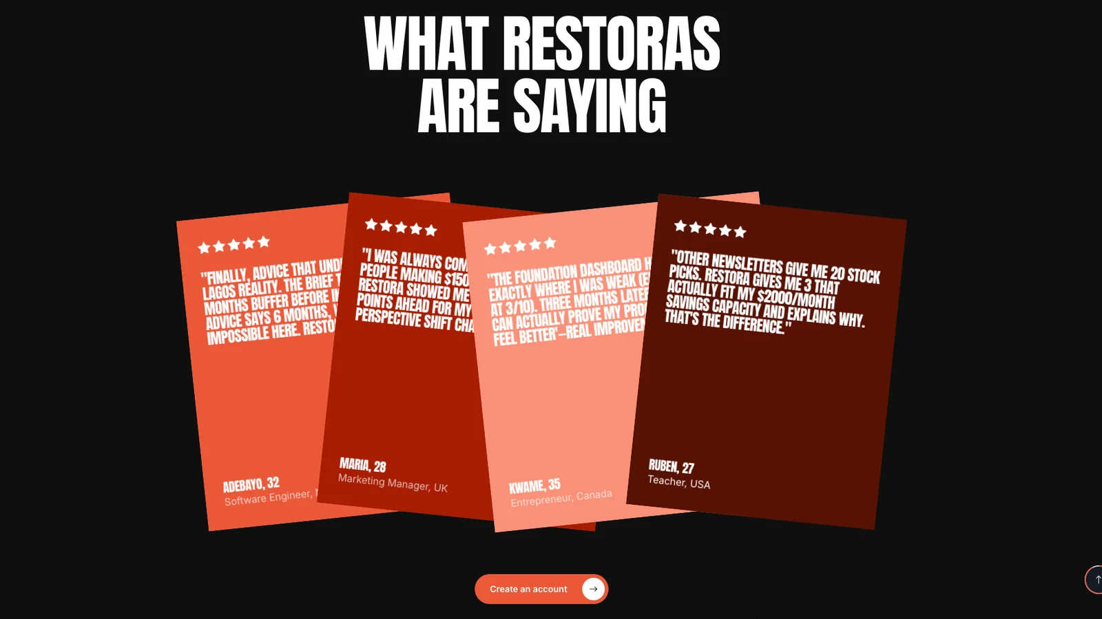Restora testimonials section with overlapping orange review cards and a create an account button